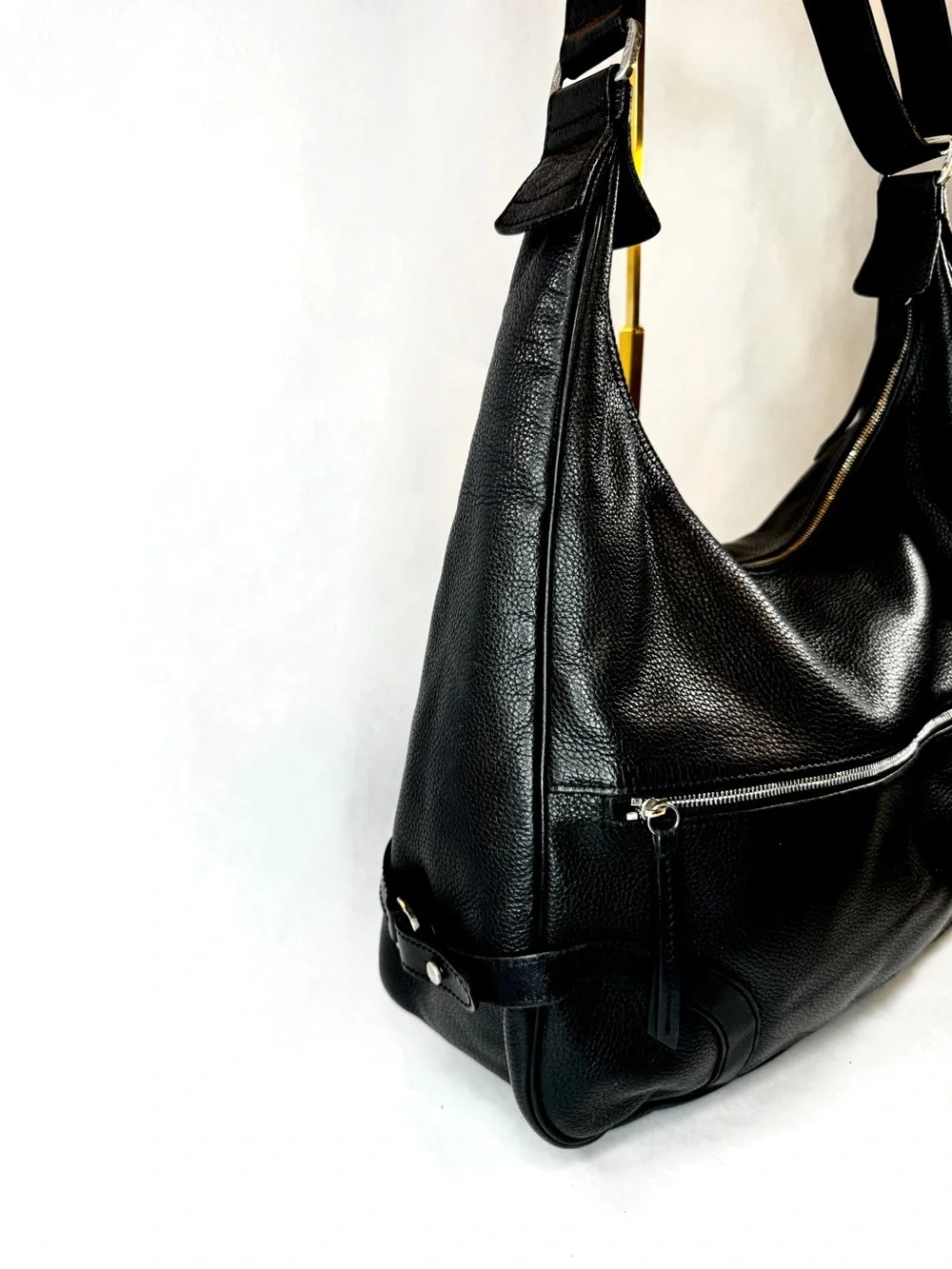 Longchamp Black Pebbled Leather Hobo Shoulder Bag Silver Hardware Large